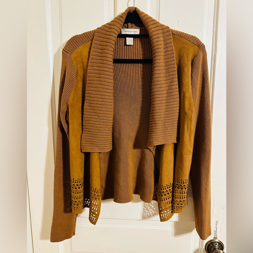 Christopher & banks tan faux suede asymmetrical cardigan laser cut open front